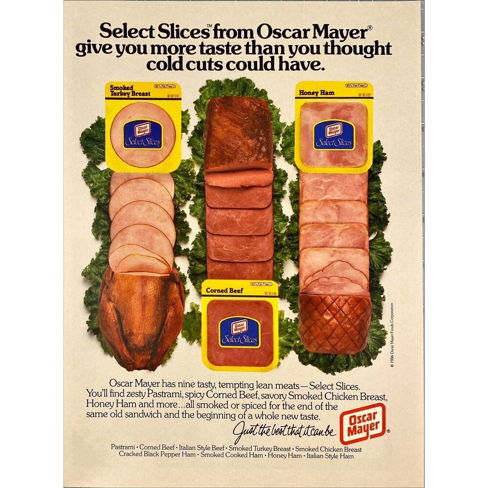 Oscar Mayer Cold Cuts. Nine Tasty, Tempting Lean Meats Vintage Print Ad 1986